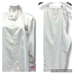 Kay Anna Pajama Set Brushed Back Satin White Embroidered Floral Cottage 3X New